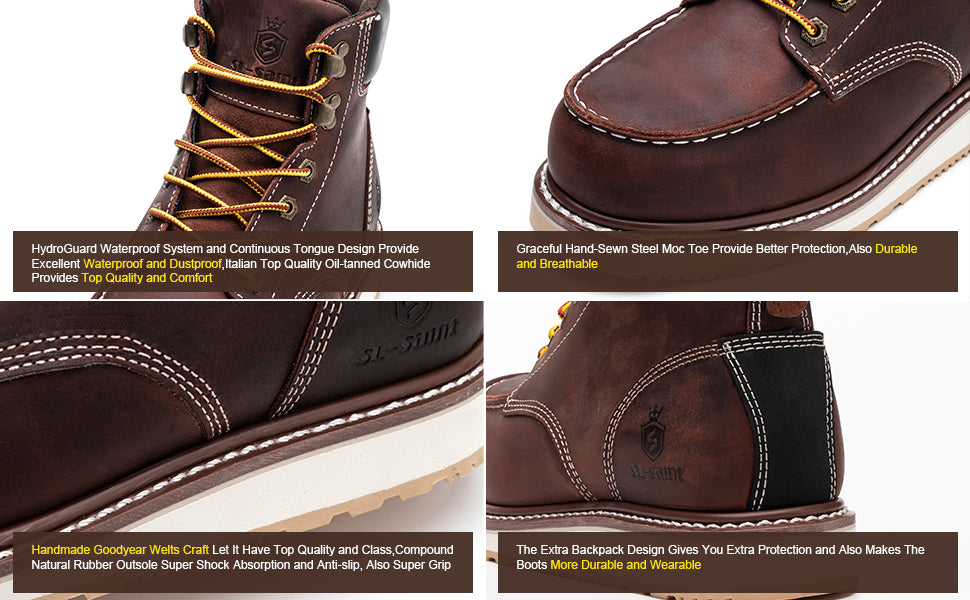 SL-Saint Waterproof Steel Moc Toe Classic Fashion Work Boots for Men,Industrial Construction Insulated Wedge Safety Shoes 6 Inch Brown Ankle Footwear Genuine Goodyear Welts Full Grain Leather