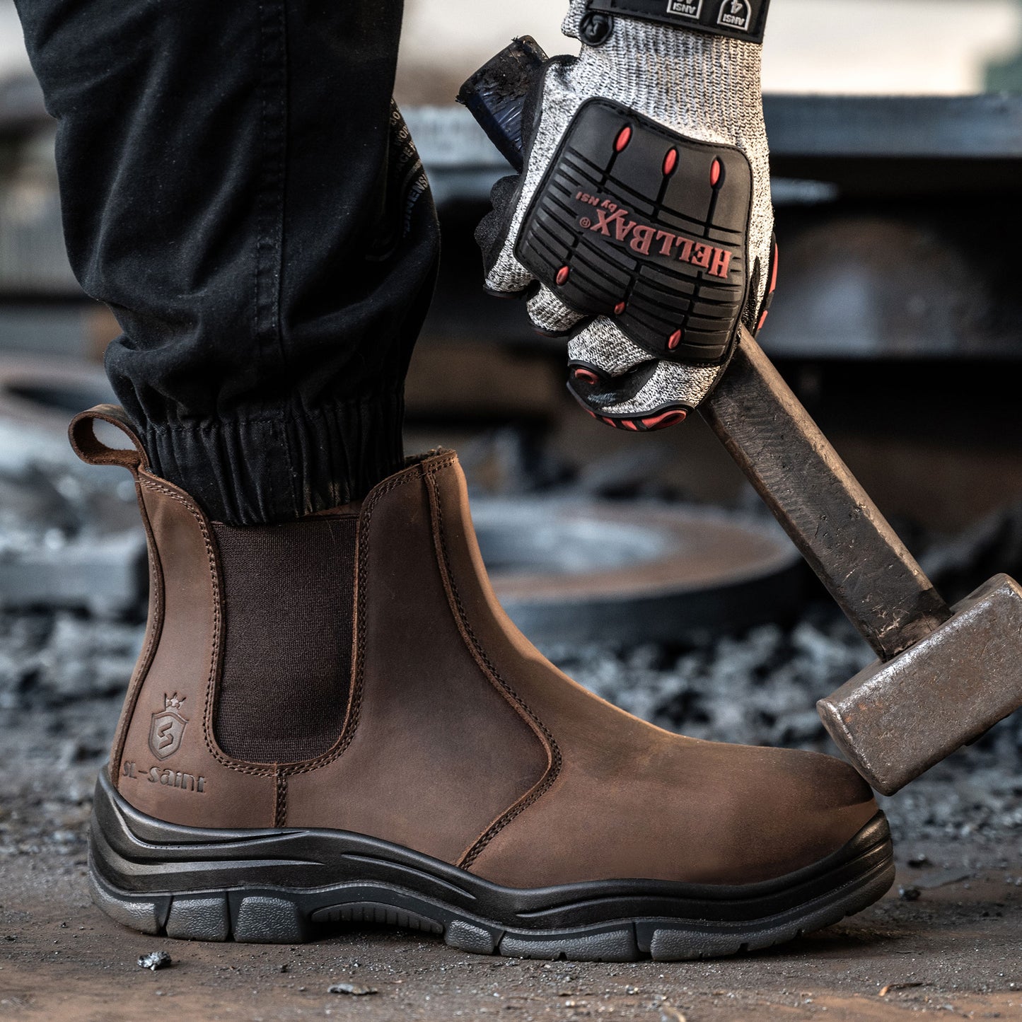 SL-Saint Steel Toe Chelsea Work Boots for Men Fashion Classic Ankle Industrial Construction Insulated Safety Shoes 6 Inch Full Grain Leather Brown