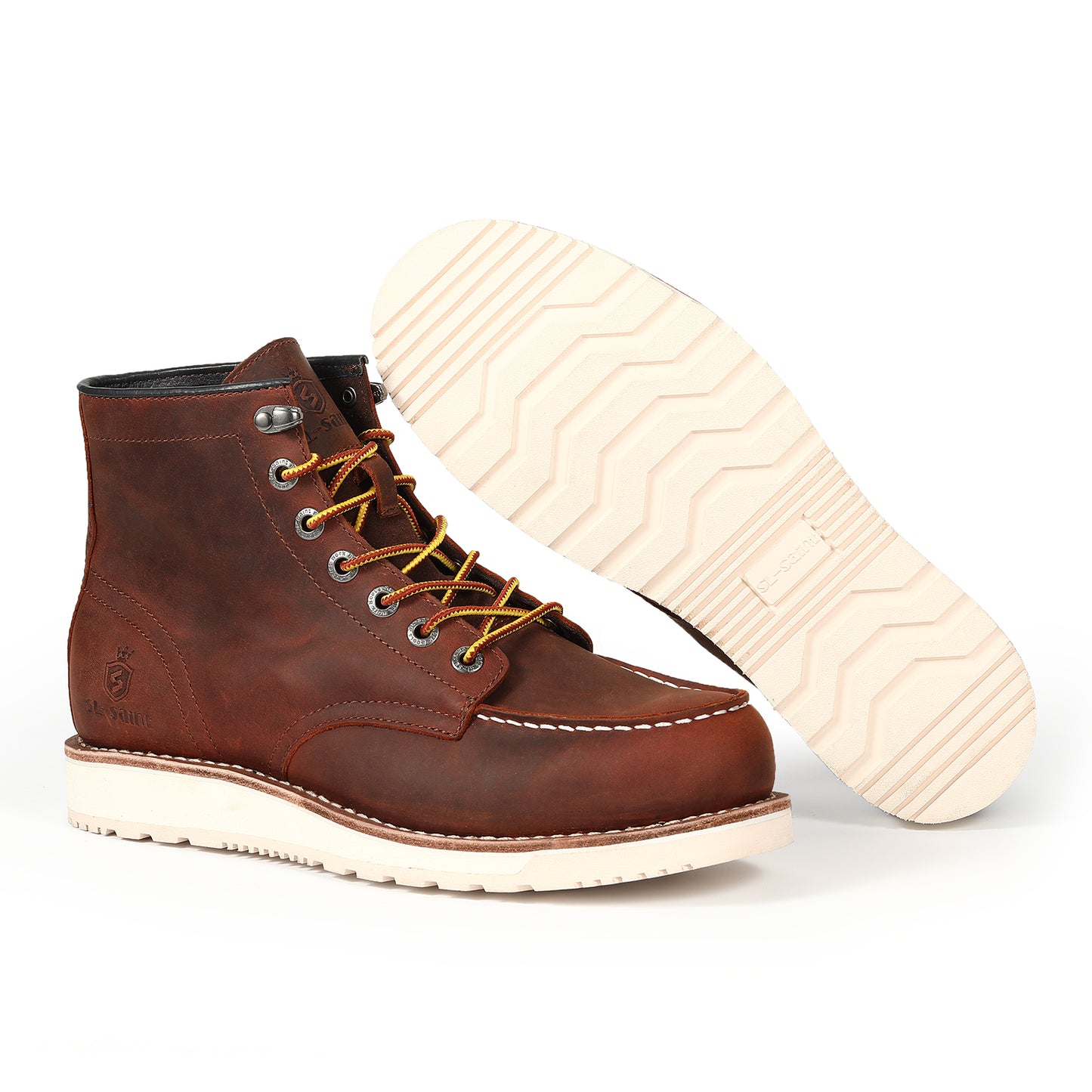 SL-Saint Men’s Work Boots Soft Moc Toe Classic Ankle Fashion Casual 6 Inch Wedge Sole Industrial Construction Shoes Brown