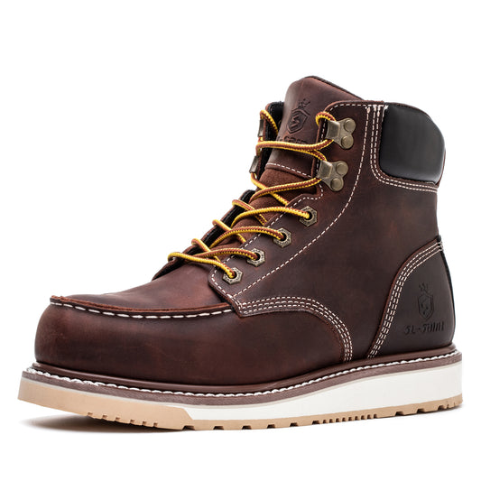 SL-Saint Waterproof Steel Moc Toe Classic Fashion Work Boots for Men,Industrial Construction Insulated Wedge Safety Shoes 6 Inch Brown Ankle Footwear Genuine Goodyear Welts Full Grain Leather