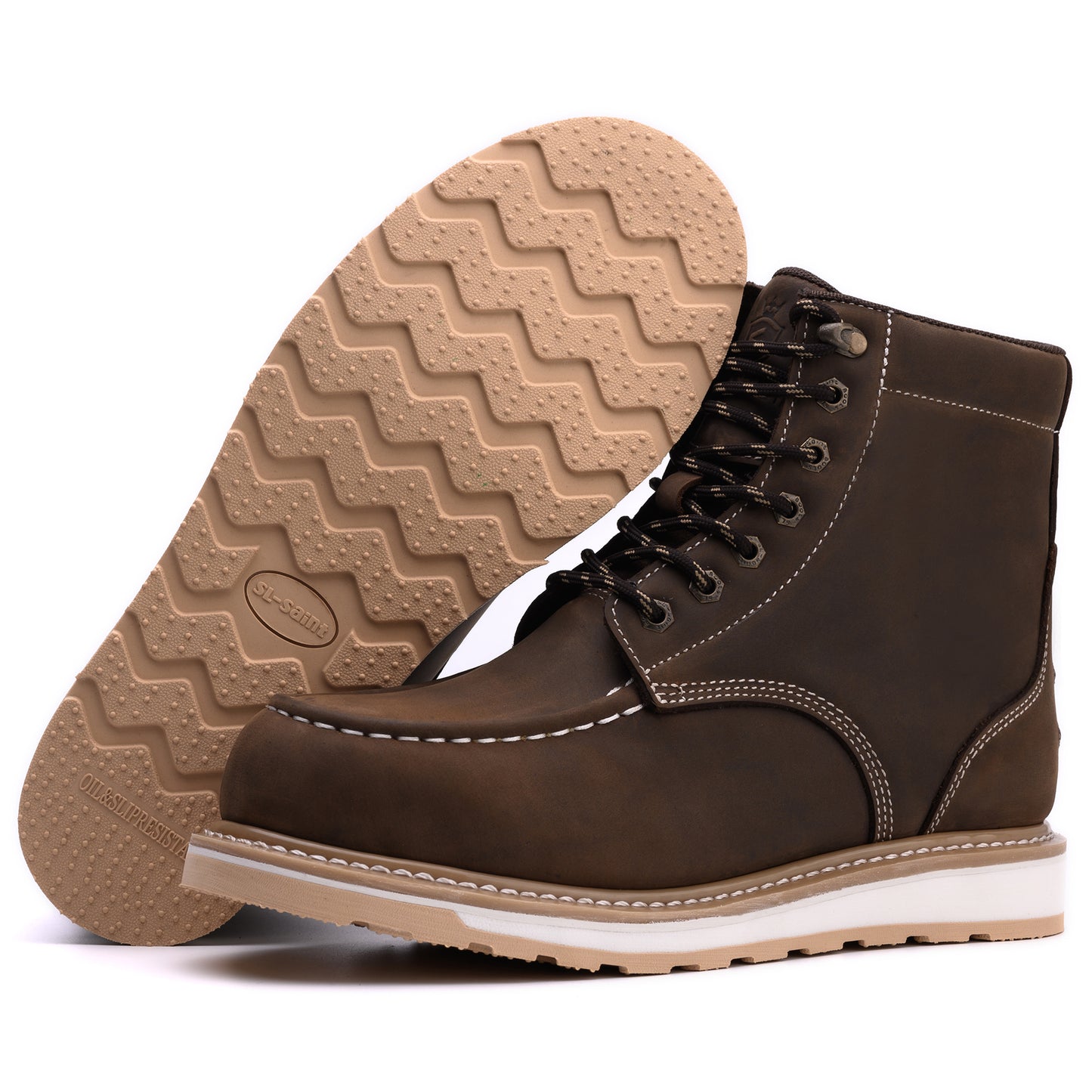 SL-Saint Waterproof Steel Moc Toe Mens Work Boots Classic Fashion Industrial Construction Insulated Safety Comfortable Shoes 6'' Genuine Full Grain Leather Ankle Brown Footwear