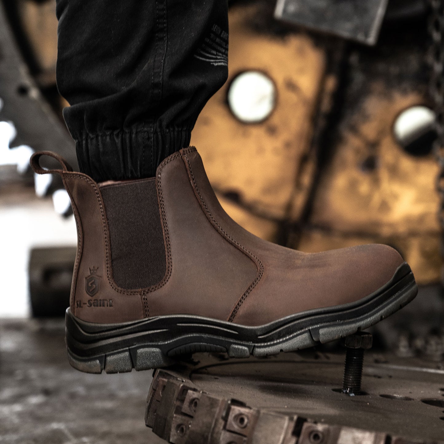 SL-Saint Steel Toe Chelsea Work Boots for Men Fashion Classic Ankle Industrial Construction Insulated Safety Shoes 6 Inch Full Grain Leather Brown