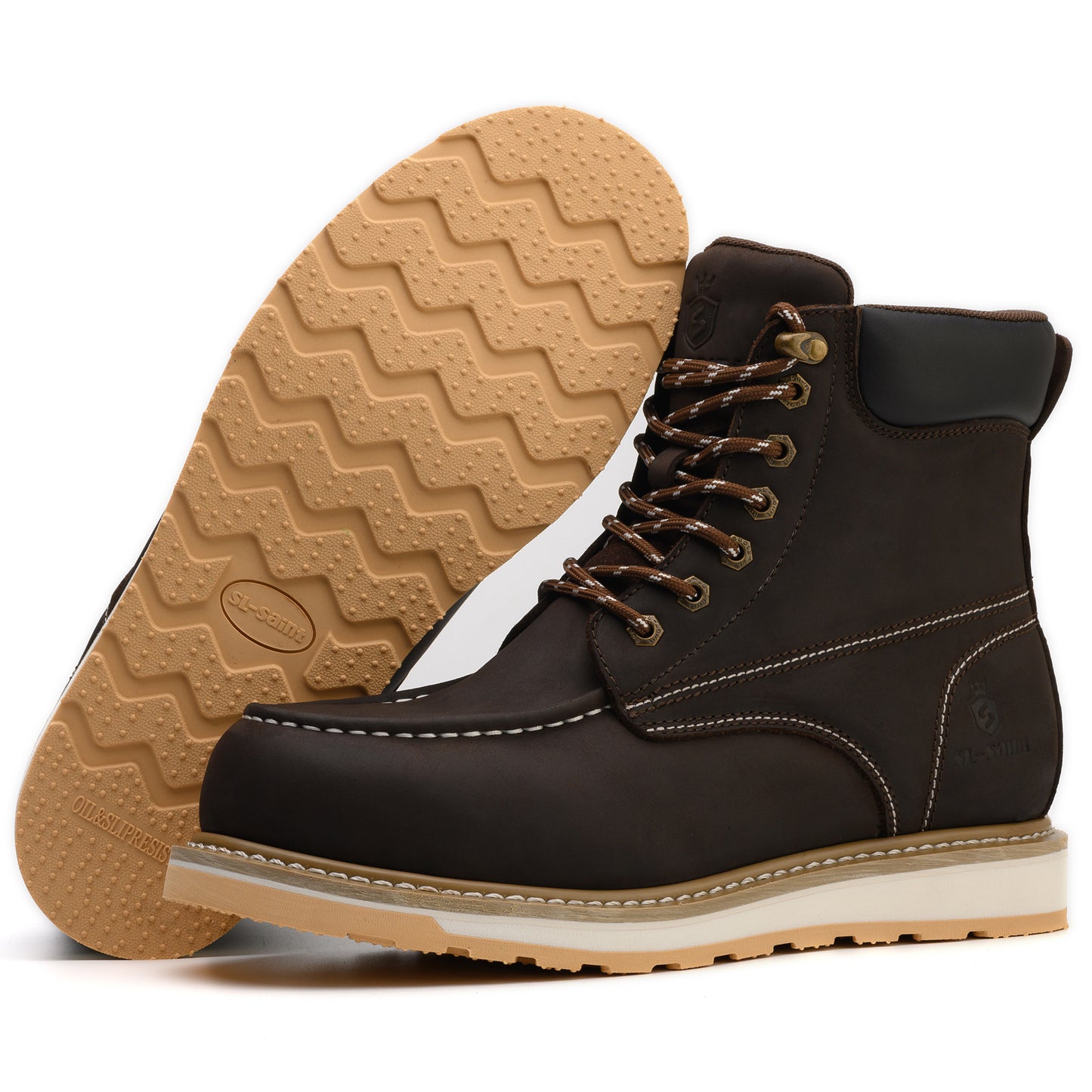 SL-Saint Waterproof Steel Moc Toe Mens Work Boots Classic Fashion Industrial Construction Insulated Safety Comfortable Shoes 6'' Genuine Full Grain Leather Ankle Brown Footwear