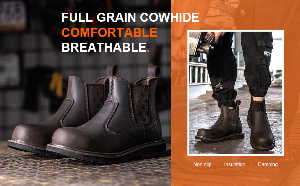 SL-Saint Composite Toe Chelsea Work Boots for Men Fashion Classic Ankle Industrial Construction Insulated Safety Shoes 6 Inch Full Grain Leather Brown