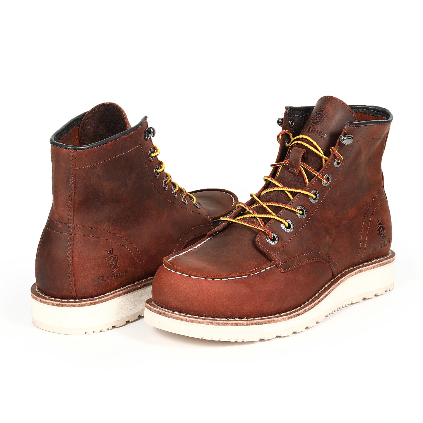 SL-Saint Men’s Work Boots Soft Moc Toe Classic Ankle Fashion Casual 6 Inch Wedge Sole Industrial Construction Shoes Brown