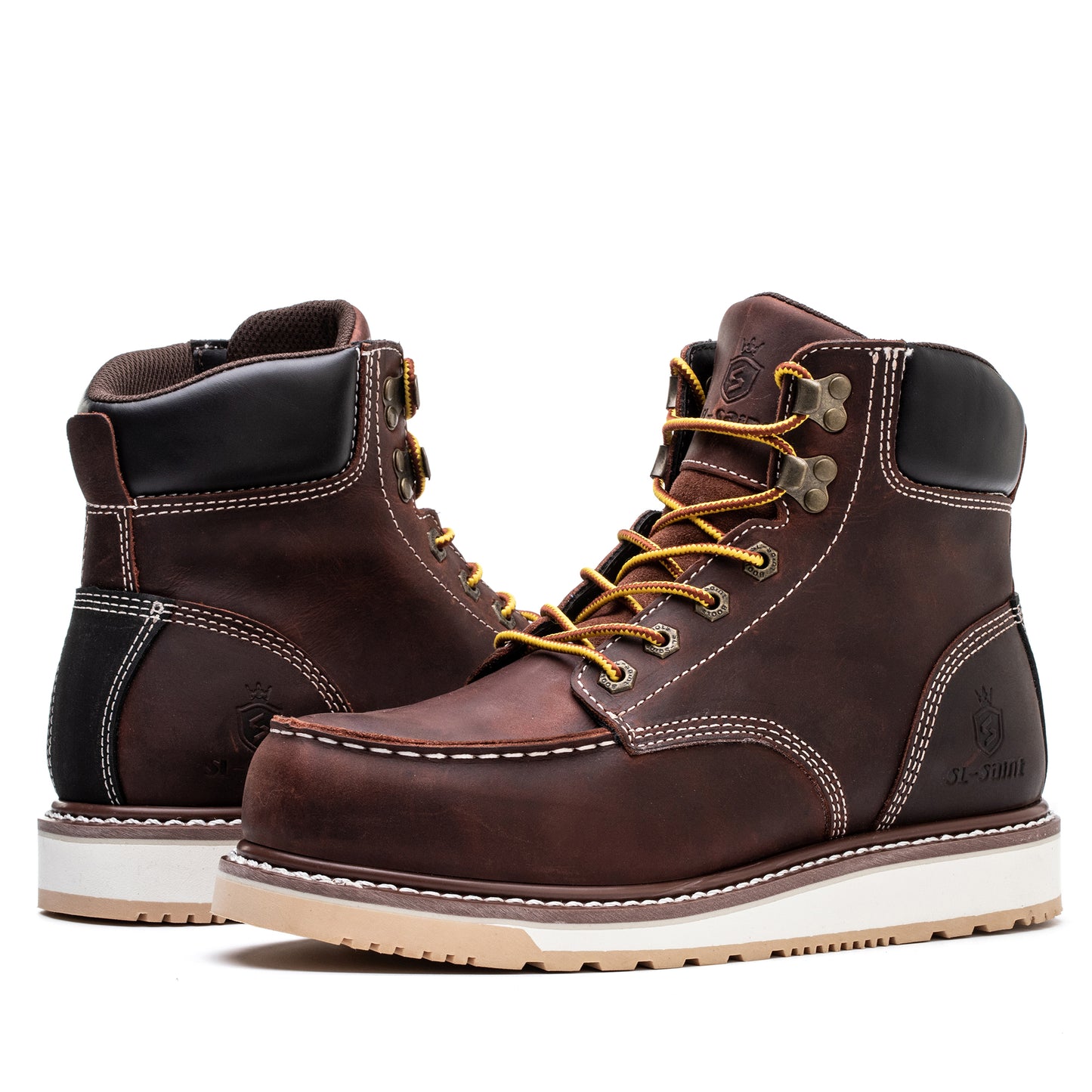 SL-Saint Waterproof Steel Moc Toe Classic Fashion Work Boots for Men,Industrial Construction Insulated Wedge Safety Shoes 6 Inch Brown Ankle Footwear Genuine Goodyear Welts Full Grain Leather