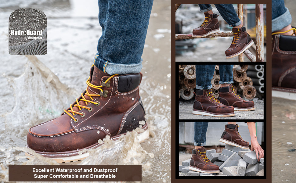 SL-Saint Waterproof Steel Moc Toe Classic Fashion Work Boots for Men,Industrial Construction Insulated Wedge Safety Shoes 6 Inch Brown Ankle Footwear Genuine Goodyear Welts Full Grain Leather