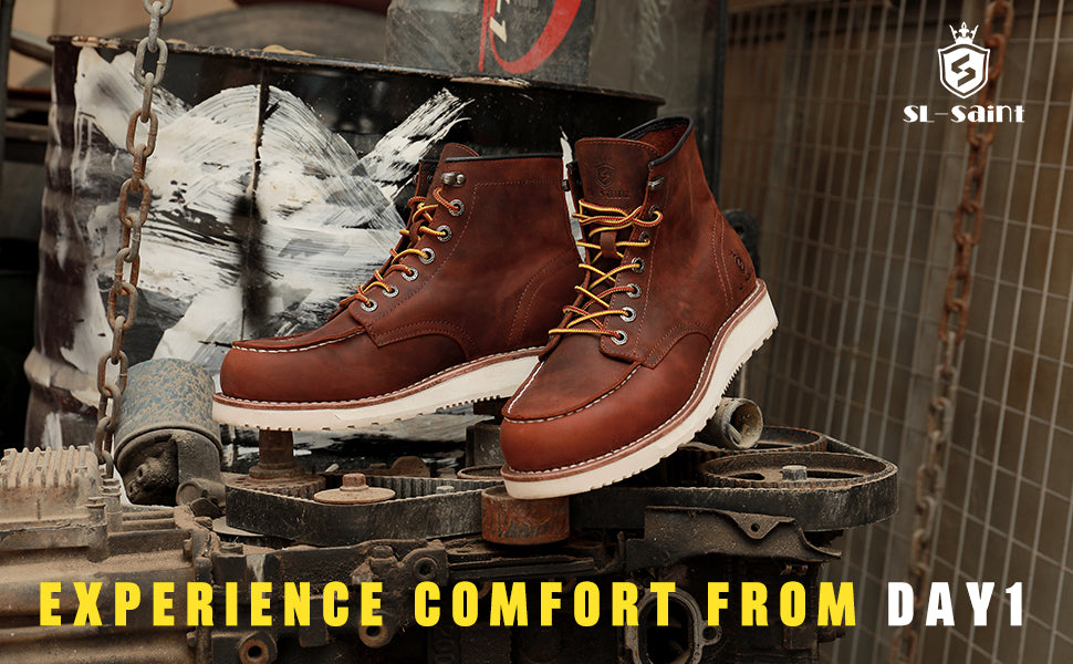 SL-Saint Men’s Work Boots Soft Moc Toe Classic Ankle Fashion Casual 6 Inch Wedge Sole Industrial Construction Shoes Brown