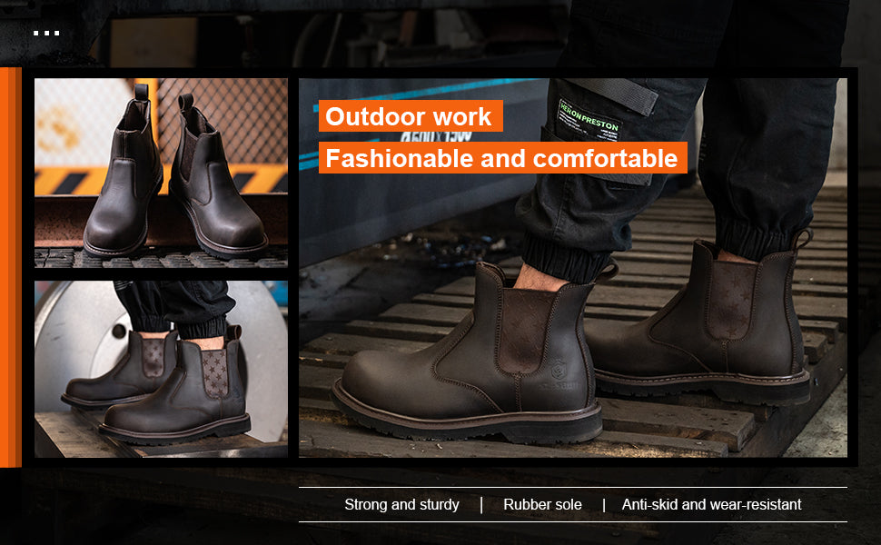 SL-Saint Composite Toe Chelsea Work Boots for Men Fashion Classic Ankle Industrial Construction Insulated Safety Shoes 6 Inch Full Grain Leather Brown