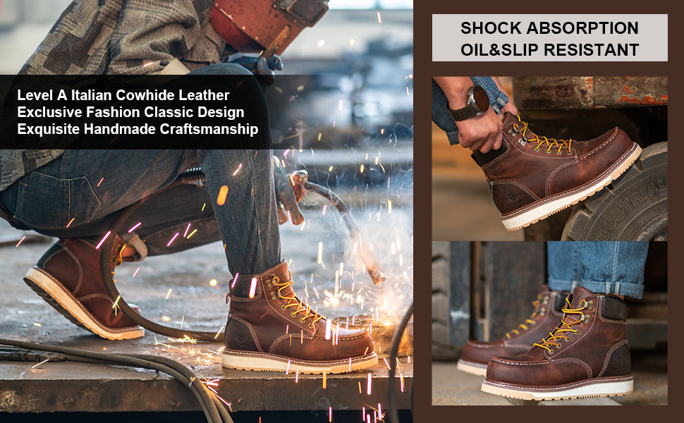 SL-Saint Waterproof Steel Moc Toe Classic Fashion Work Boots for Men,Industrial Construction Insulated Wedge Safety Shoes 6 Inch Brown Ankle Footwear Genuine Goodyear Welts Full Grain Leather