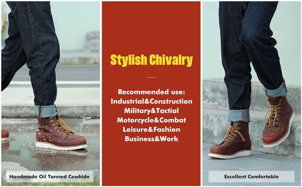 SL-Saint Men’s Work Boots Soft Moc Toe Classic Ankle Fashion Casual 6 Inch Wedge Sole Industrial Construction Shoes Brown