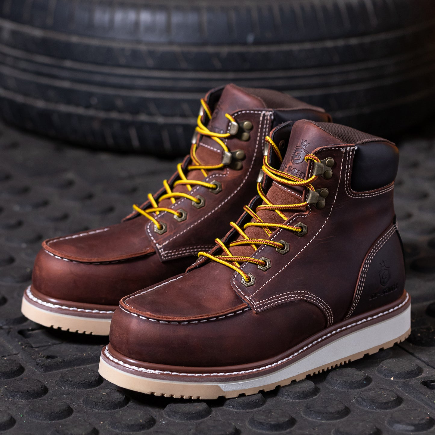 SL-Saint Waterproof Steel Moc Toe Classic Fashion Work Boots for Men,Industrial Construction Insulated Wedge Safety Shoes 6 Inch Brown Ankle Footwear Genuine Goodyear Welts Full Grain Leather