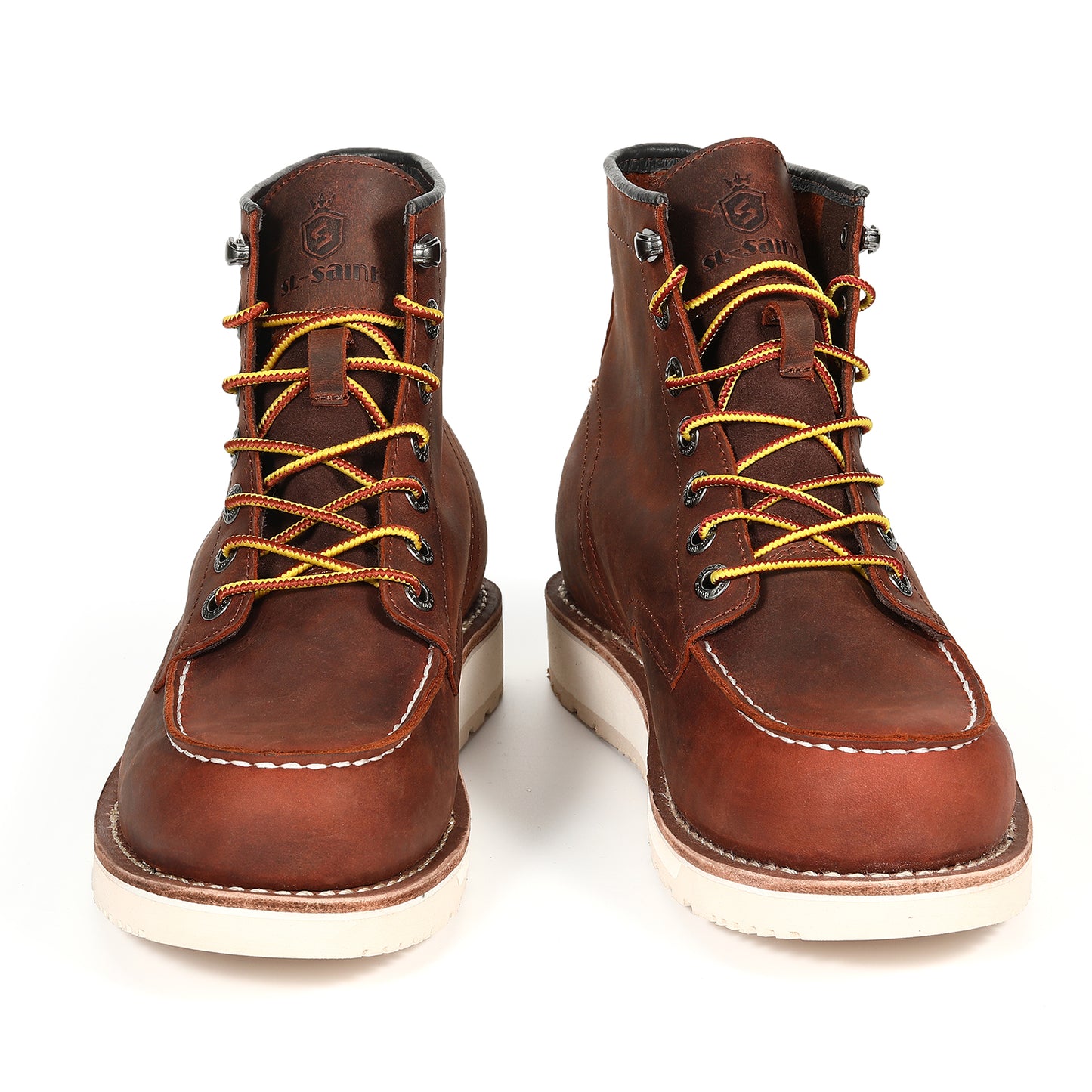 SL-Saint Men’s Work Boots Soft Moc Toe Classic Ankle Fashion Casual 6 Inch Wedge Sole Industrial Construction Shoes Brown