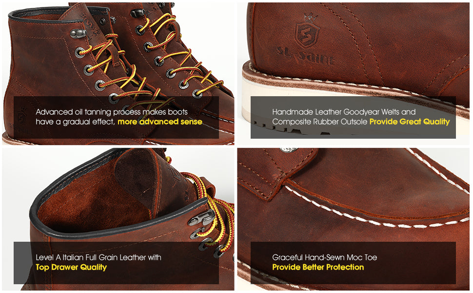 SL-Saint Men’s Work Boots Soft Moc Toe Classic Ankle Fashion Casual 6 Inch Wedge Sole Industrial Construction Shoes Brown