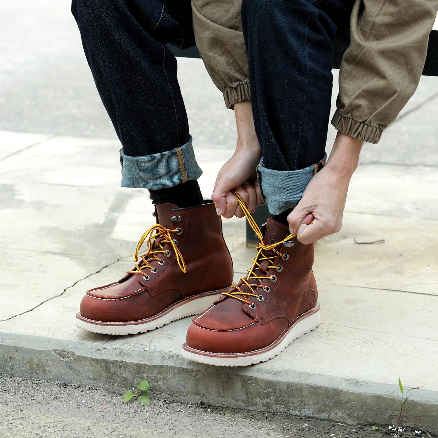 SL-Saint Men’s Work Boots Soft Moc Toe Classic Ankle Fashion Casual 6 Inch Wedge Sole Industrial Construction Shoes Brown