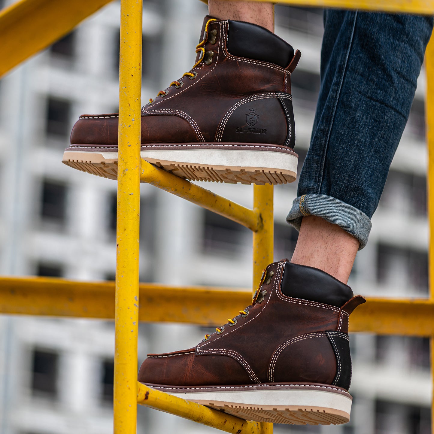 SL-Saint Waterproof Steel Moc Toe Classic Fashion Work Boots for Men,Industrial Construction Insulated Wedge Safety Shoes 6 Inch Brown Ankle Footwear Genuine Goodyear Welts Full Grain Leather