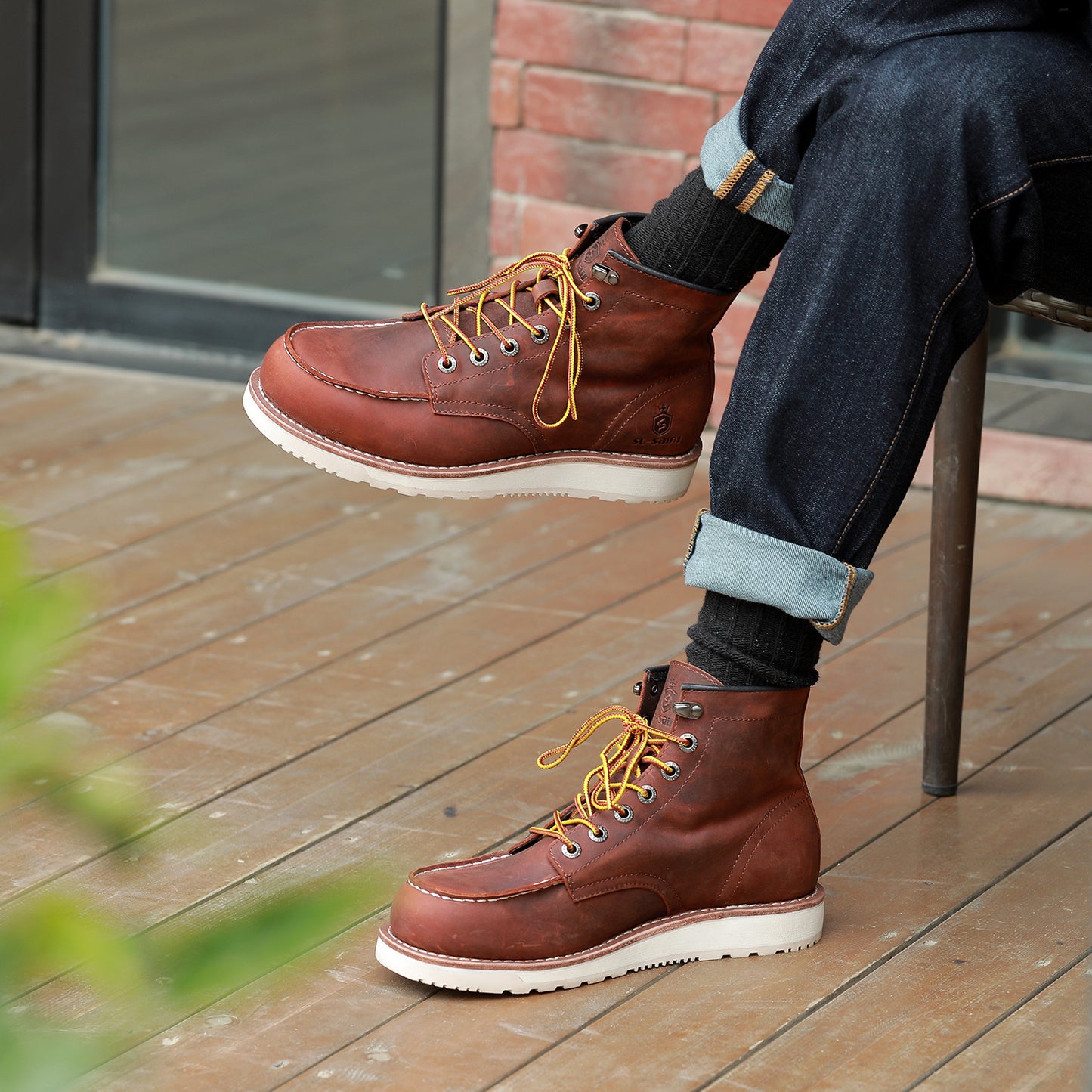 SL-Saint Men’s Work Boots Soft Moc Toe Classic Ankle Fashion Casual 6 Inch Wedge Sole Industrial Construction Shoes Brown