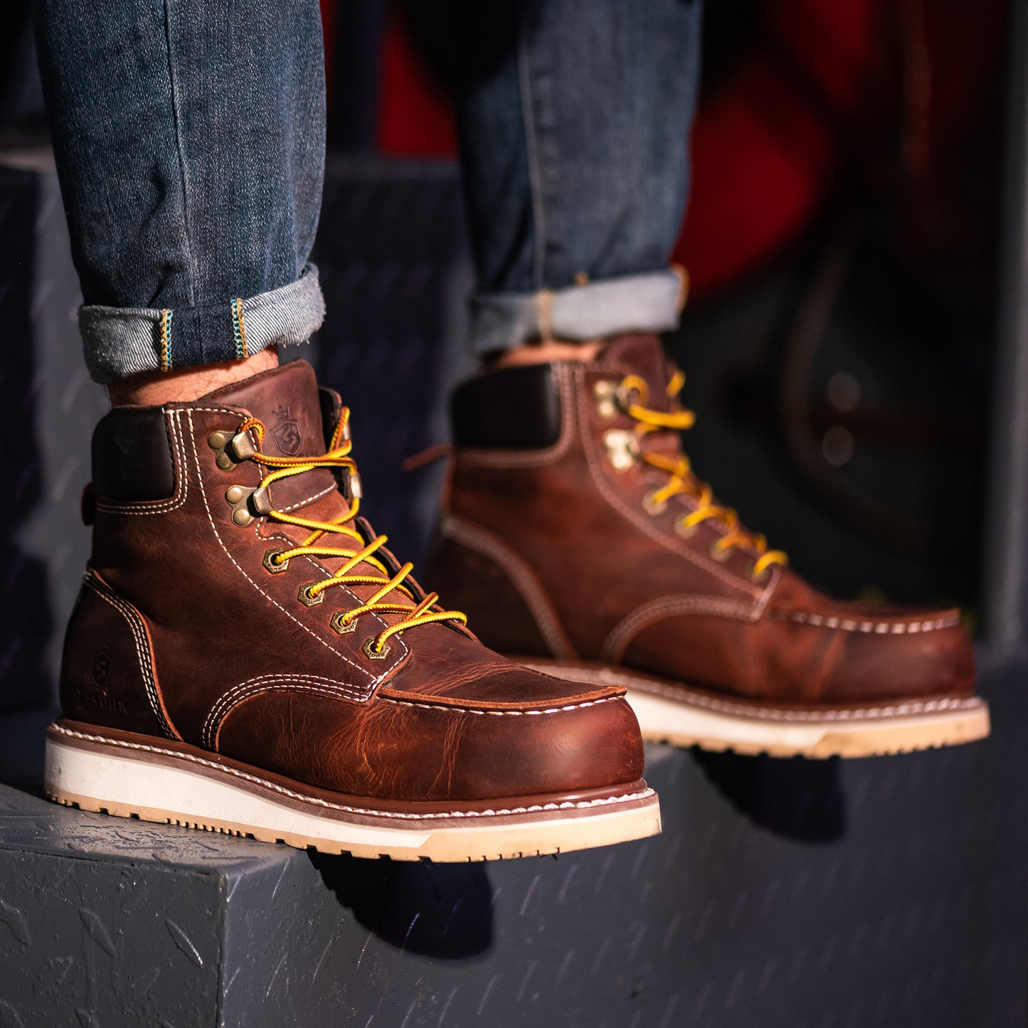 SL-Saint Waterproof Steel Moc Toe Classic Fashion Work Boots for Men,Industrial Construction Insulated Wedge Safety Shoes 6 Inch Brown Ankle Footwear Genuine Goodyear Welts Full Grain Leather