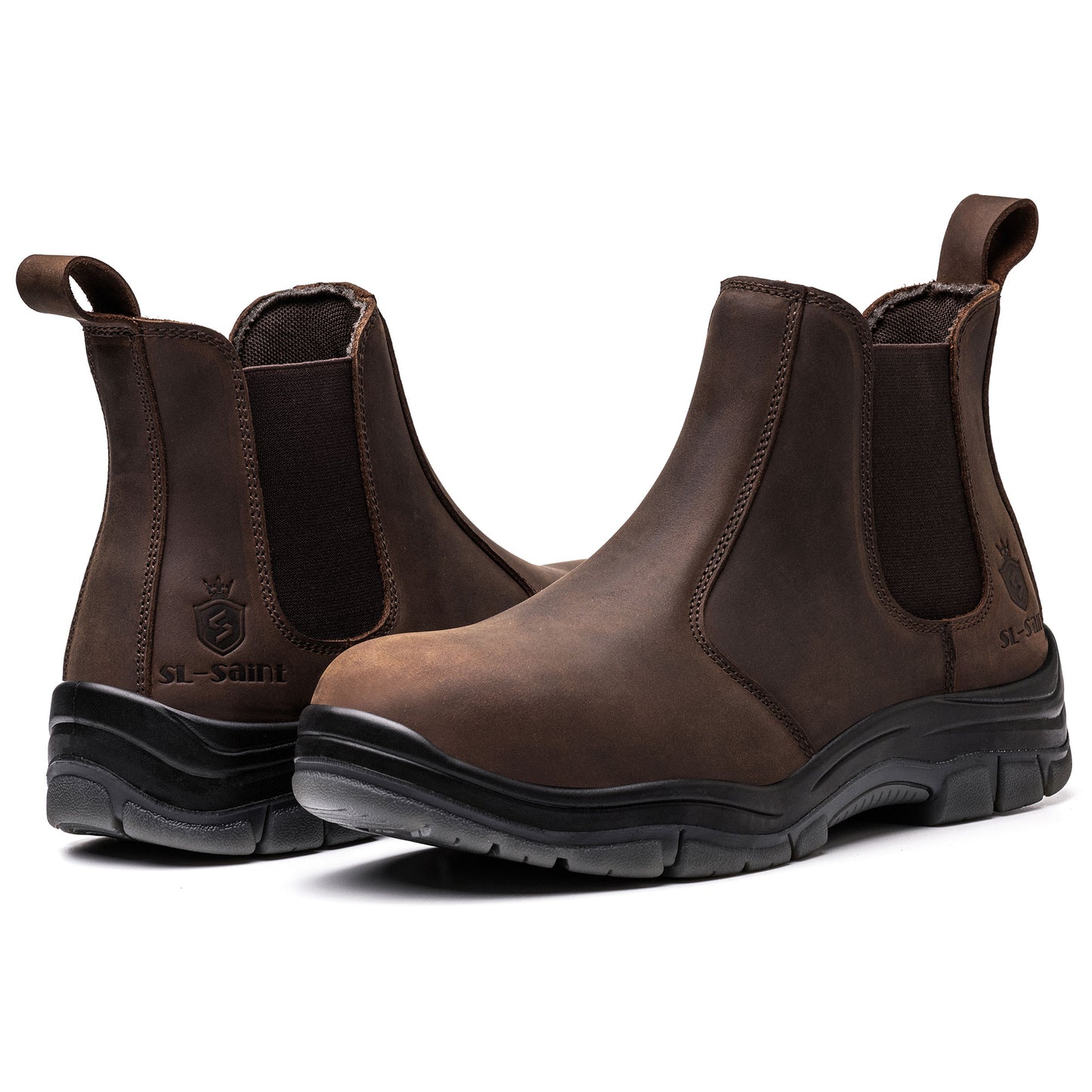 SL-Saint Steel Toe Chelsea Work Boots for Men Fashion Classic Ankle Industrial Construction Insulated Safety Shoes 6 Inch Full Grain Leather Brown