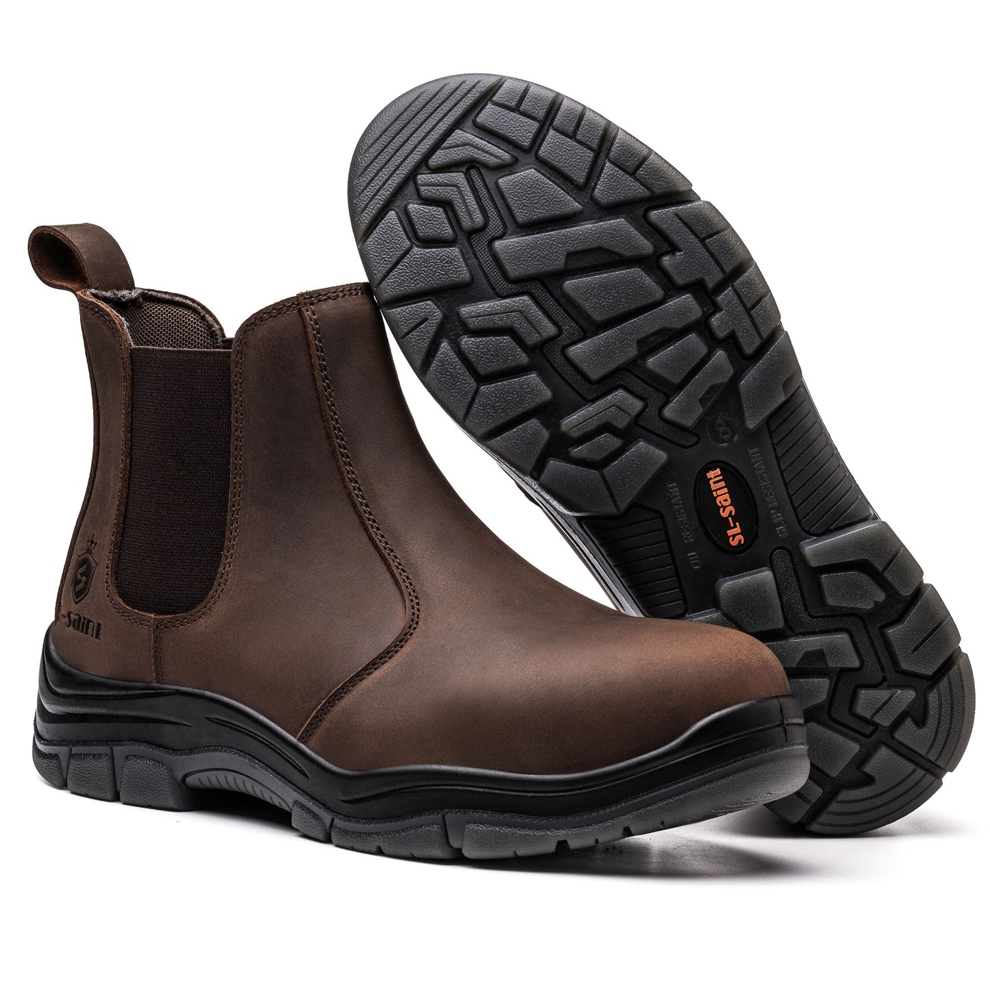 SL-Saint Steel Toe Chelsea Work Boots for Men Fashion Classic Ankle Industrial Construction Insulated Safety Shoes 6 Inch Full Grain Leather Brown