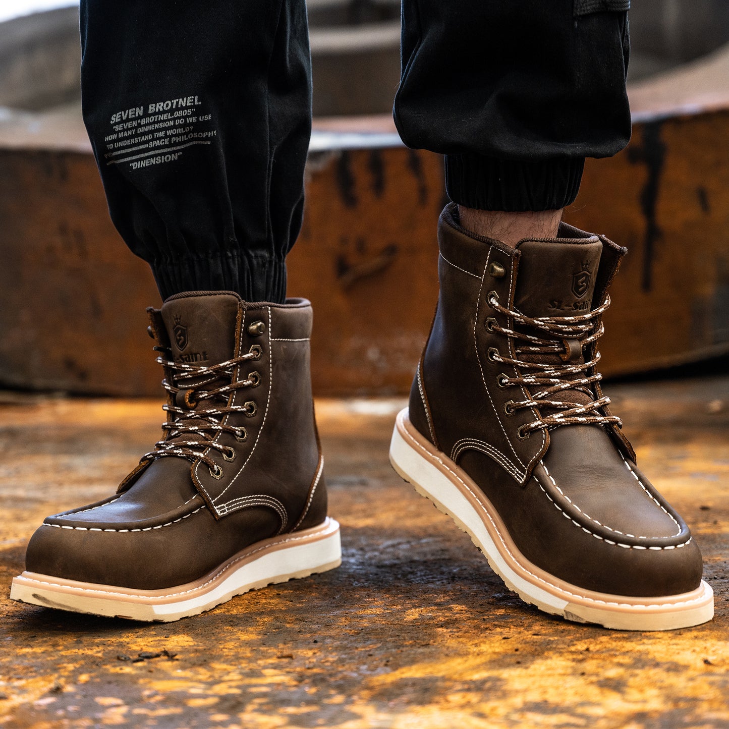 SL-Saint Waterproof Steel Moc Toe Mens Work Boots Classic Fashion Industrial Construction Insulated Safety Comfortable Shoes 6'' Genuine Full Grain Leather Ankle Brown Footwear