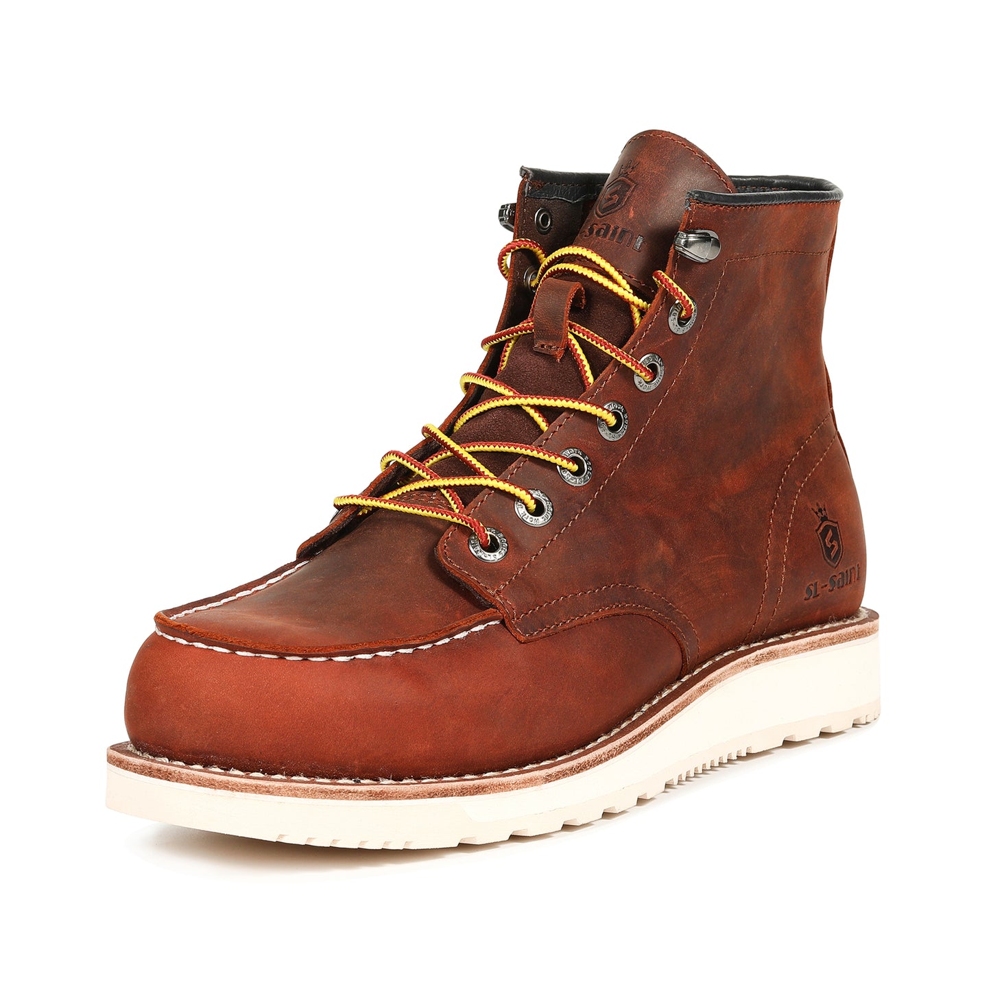 SL-Saint Men’s Work Boots Soft Moc Toe Classic Ankle Fashion Casual 6 Inch Wedge Sole Industrial Construction Shoes Brown