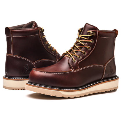 Waterproof Soft Moc Toe Handmade Classic Fashion Work Boots for Men,Goodyear-welted Industrial&Construction Hiking Wedge 6'' Black/Brown