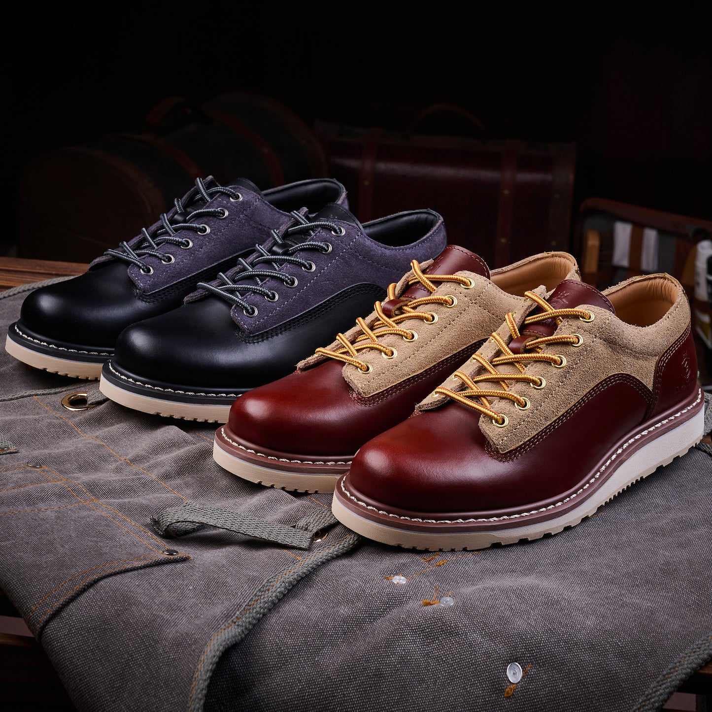 Men's Handcrafted Low-Top Fashion Boots: Genuine Leather, Two-Tone, Fashionable Lace-Up Style