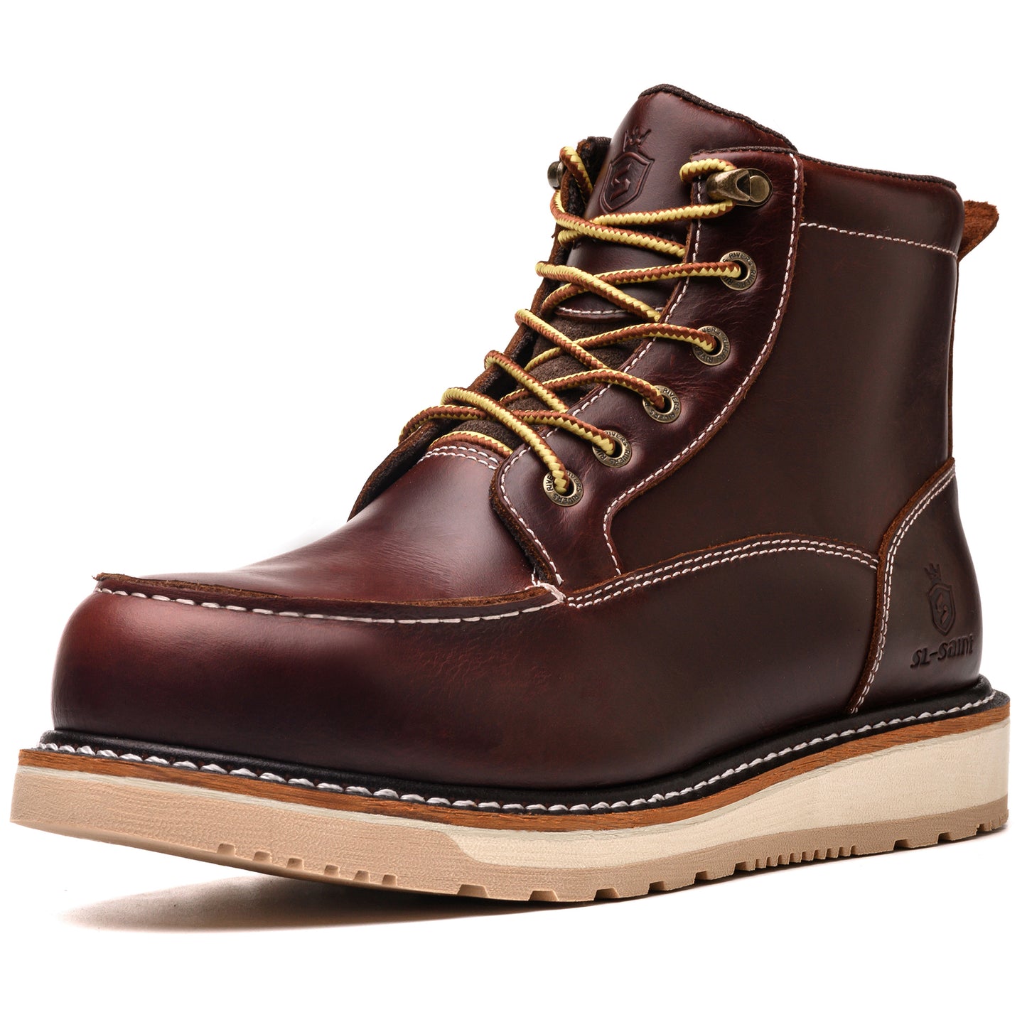 Waterproof Soft Moc Toe Handmade Classic Fashion Work Boots for Men,Goodyear-welted Industrial&Construction Hiking Wedge 6'' Black/Brown