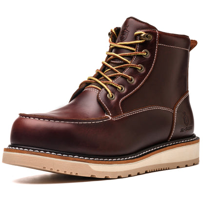 Waterproof Soft Moc Toe Handmade Classic Fashion Work Boots for Men,Goodyear-welted Industrial&Construction Hiking Wedge 6'' Black/Brown