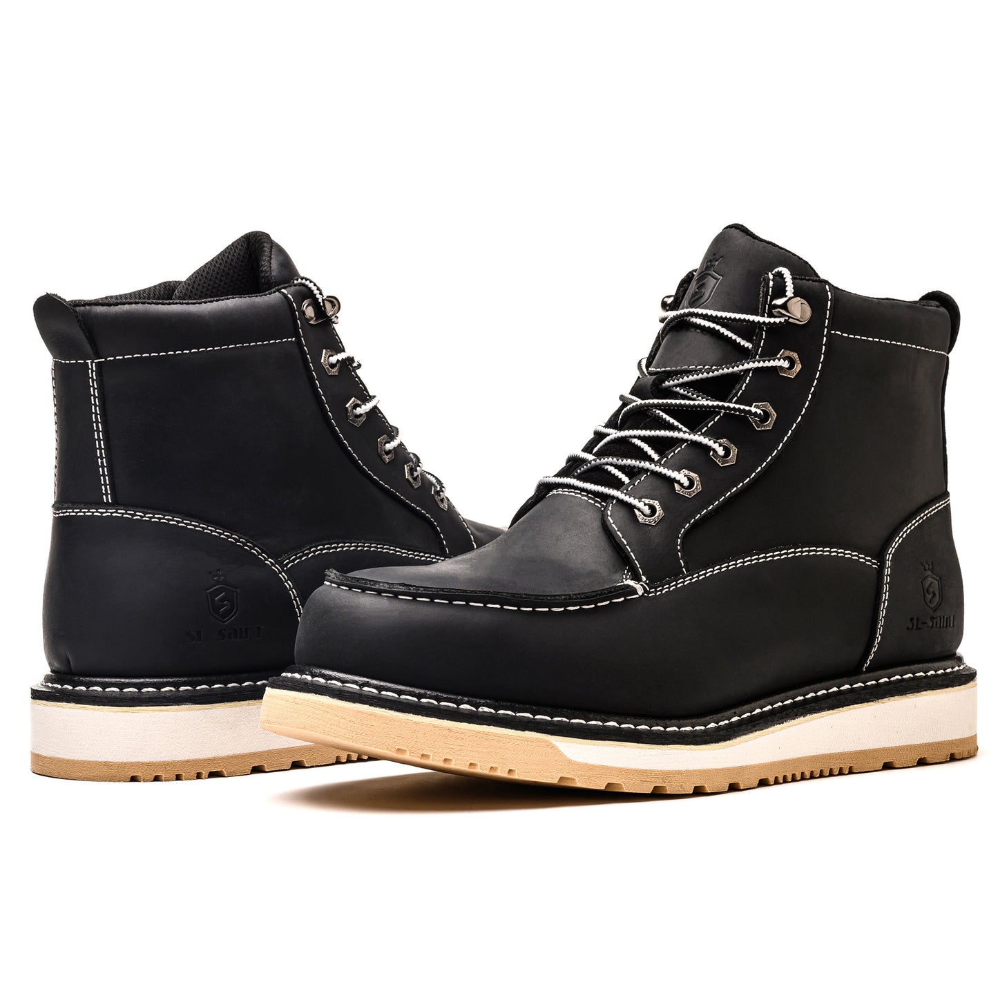 Waterproof Soft Moc Toe Handmade Classic Fashion Work Boots for Men,Goodyear-welted Industrial&Construction Hiking Wedge 6'' Black/Brown