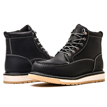 Waterproof Soft Moc Toe Handmade Classic Fashion Work Boots for Men,Goodyear-welted Industrial&Construction Hiking Wedge 6'' Black/Brown