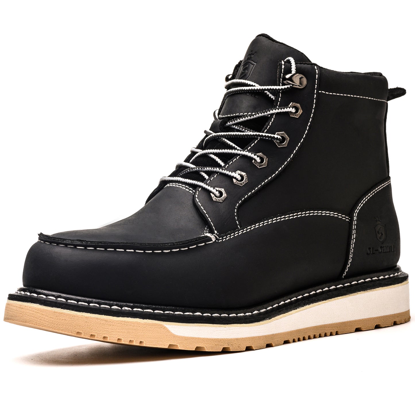 Waterproof Soft Moc Toe Handmade Classic Fashion Work Boots for Men,Goodyear-welted Industrial&Construction Hiking Wedge 6'' Black/Brown