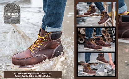 SL-Saint Waterproof Steel Moc Toe Classic Fashion Work Boots for Men,Industrial Construction Insulated Wedge Safety Shoes 6 Inch Brown Ankle Footwear Genuine Goodyear Welts Full Grain Leather