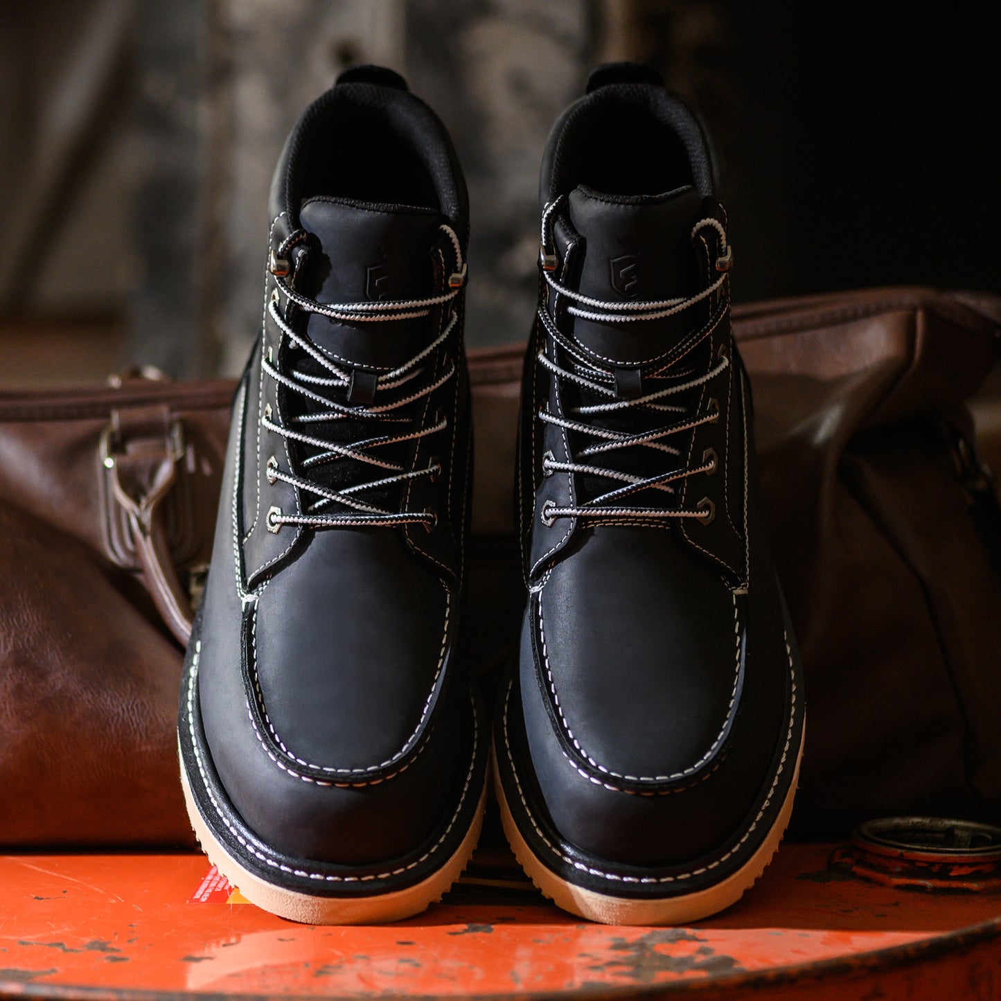 Waterproof Soft Moc Toe Handmade Classic Fashion Work Boots for Men,Goodyear-welted Industrial&Construction Hiking Wedge 6'' Black/Brown