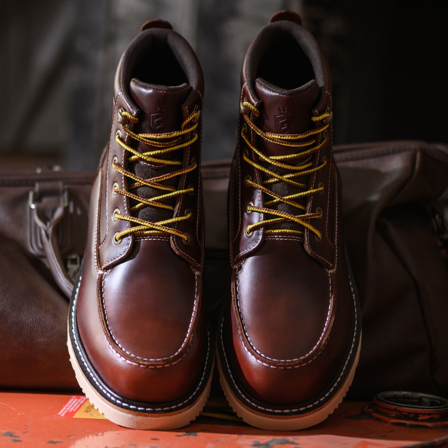 Waterproof Soft Moc Toe Handmade Classic Fashion Work Boots for Men,Goodyear-welted Industrial&Construction Hiking Wedge 6'' Black/Brown
