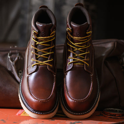 Waterproof Soft Moc Toe Handmade Classic Fashion Work Boots for Men,Goodyear-welted Industrial&Construction Hiking Wedge 6'' Black/Brown