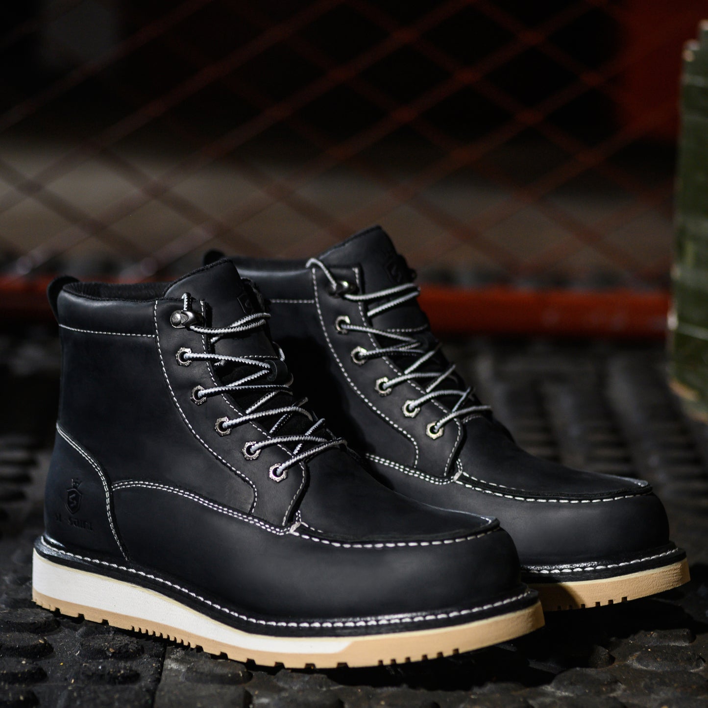 Waterproof Soft Moc Toe Handmade Classic Fashion Work Boots for Men,Goodyear-welted Industrial&Construction Hiking Wedge 6'' Black/Brown
