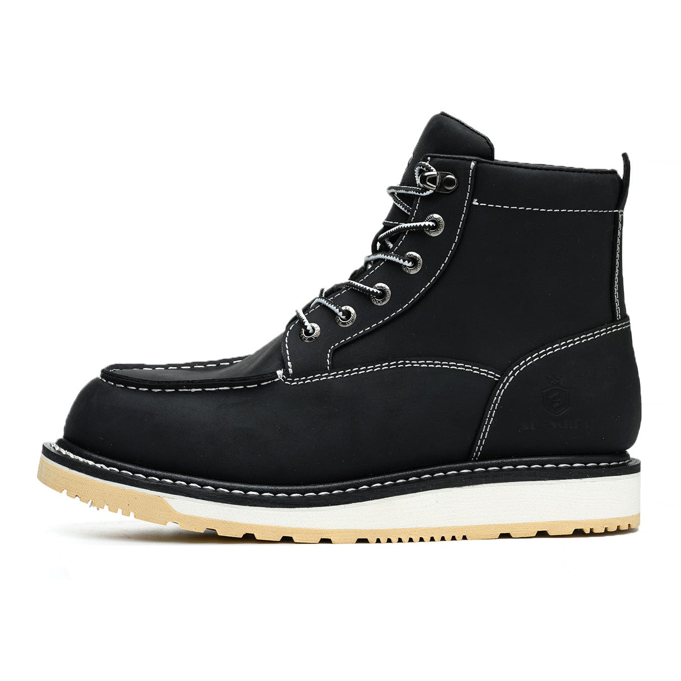 Waterproof Soft Moc Toe Handmade Classic Fashion Work Boots for Men,Goodyear-welted Industrial&Construction Hiking Wedge 6'' Black/Brown
