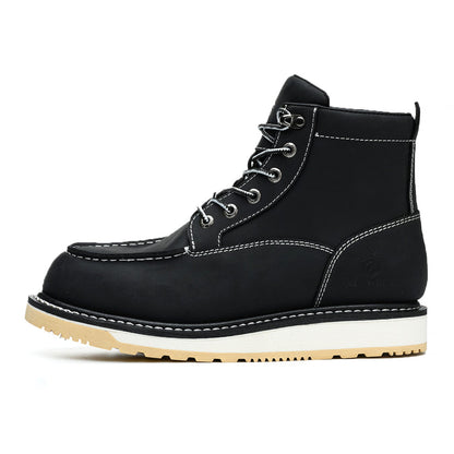 Waterproof Soft Moc Toe Handmade Classic Fashion Work Boots for Men,Goodyear-welted Industrial&Construction Hiking Wedge 6'' Black/Brown