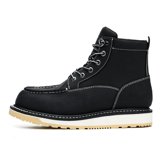 Waterproof Soft Moc Toe Handmade Classic Fashion Work Boots for Men,Goodyear-welted Industrial&Construction Hiking Wedge 6'' Black/Brown